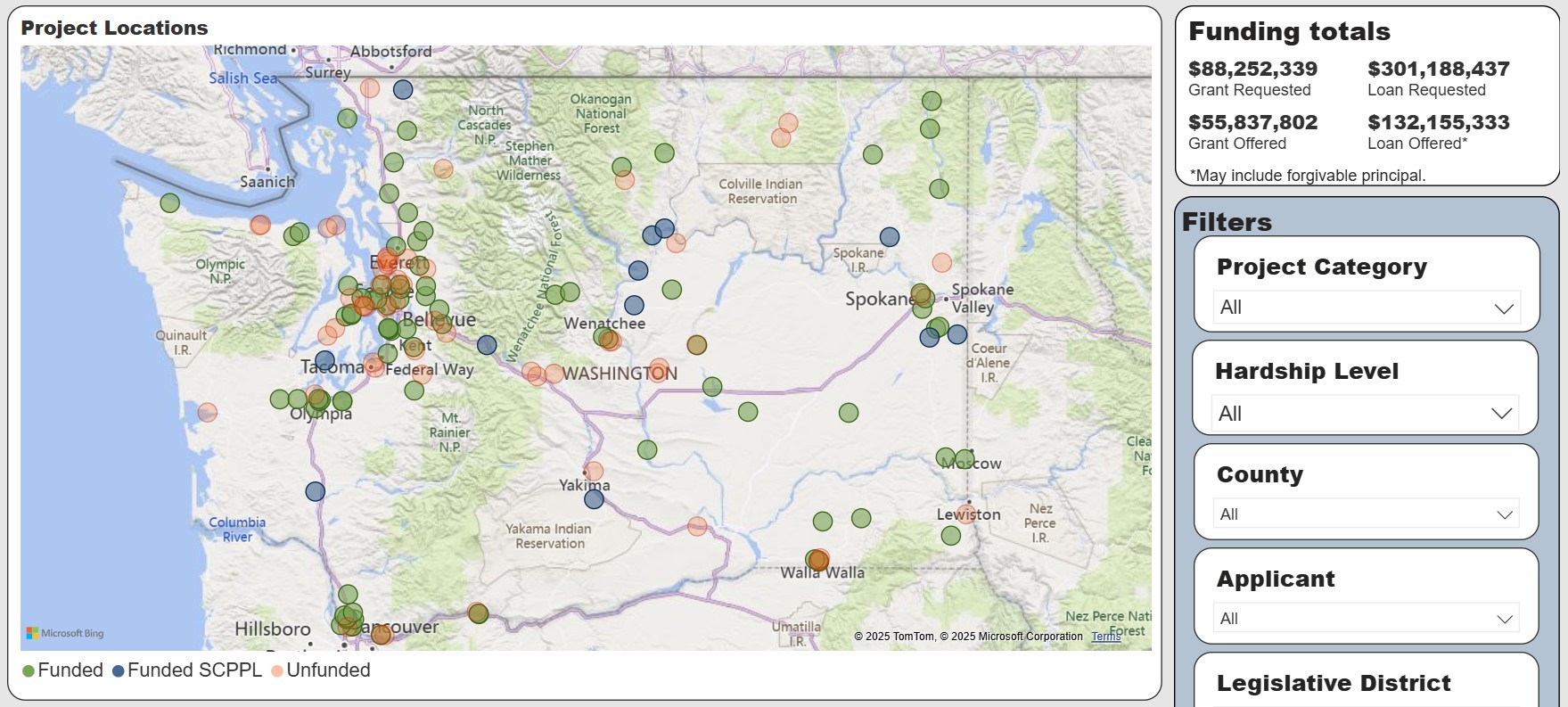 Map of Washington with colored dots to represent funded projects